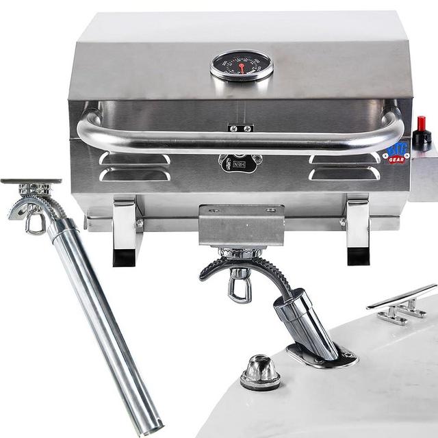 BTG Gear Tailwaves Marine Grill w/Rod Holder Mount | Stainless Steel | Propane BBQ for Boats & Tailgating & Camping | Built in Thermometer, Push Button Ignition | Fold-away legs