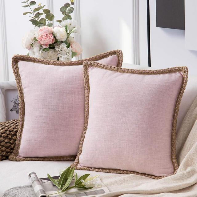 Phantoscope Pack of 2 Farmhouse Decorative Throw Pillow Covers Burlap Linen Trimmed Tailored Edges Light Pink 18 x 18 inches, 45 x 45 cm