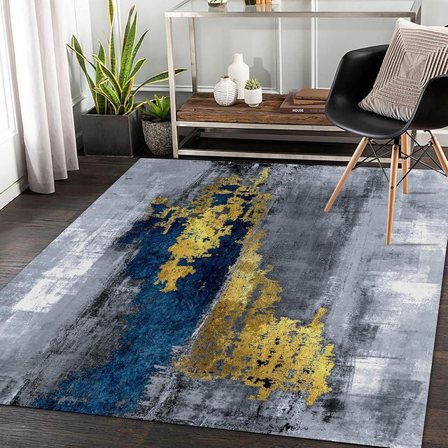 JHIQYVA 4x6 Feet Area Rug Living Room Rug,Ideal for Bedroom Dining Kitchen Study Office,Easy to Clean Floor Decorative Rug,Light Luxury Ultra Thin Low Pile Washable Rug,Blue-Yellow