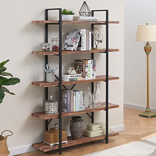SUPERJARE 5-Shelf Industrial Bookshelf, Open Etagere Bookcase with Metal Frame, Rustic Book Shelf, Storage Display Shelves, Wood Grain - Retro Brown