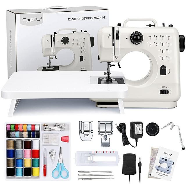Magicfly Portable Sewing Machine with Back Sewing, 12 Built-in Stitches Mini Sewing Machine for Beginner, 3 Replaceable Feet, Extension Table, Accessory Kit, White