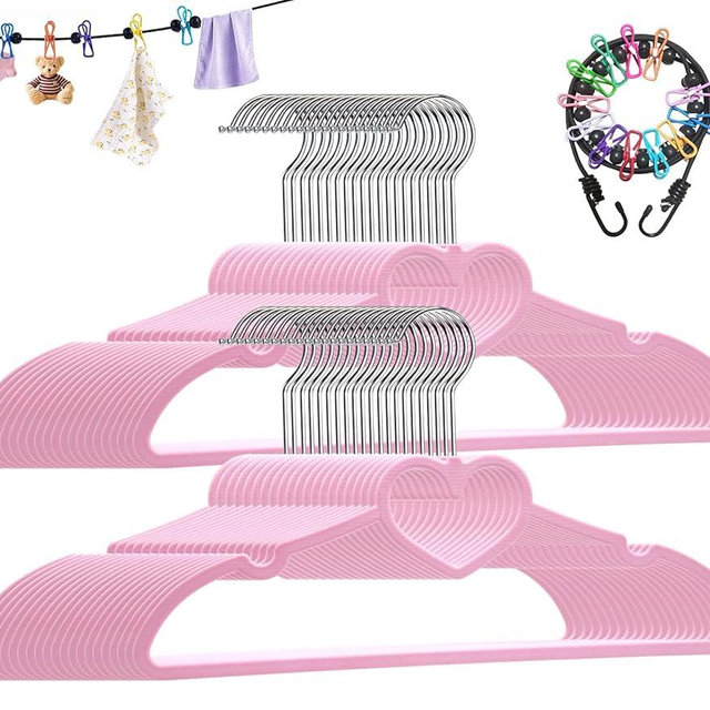 ZRKFSR Plastic Hangers 50 Pack, Cute Clothes Hanger Ultra Thin Space Saving - Pink Clothes Hangers with 360 Degree Swivel Hook & Travel Clothesline - Sturdy Adult Coat Hangers for Dress, Shirts, Coats