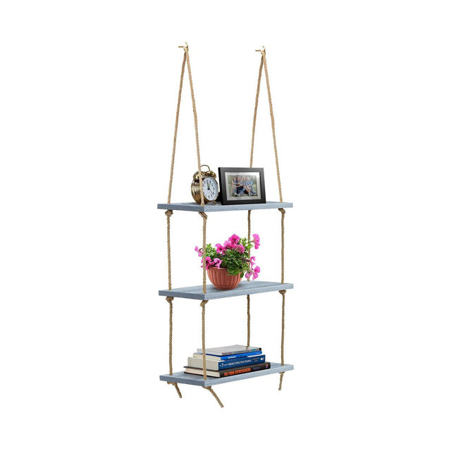 3-Tier Sorbus Rustic Wood Hanging Shelf - Storage Rope Organizer Rack, Floating Display Shelves