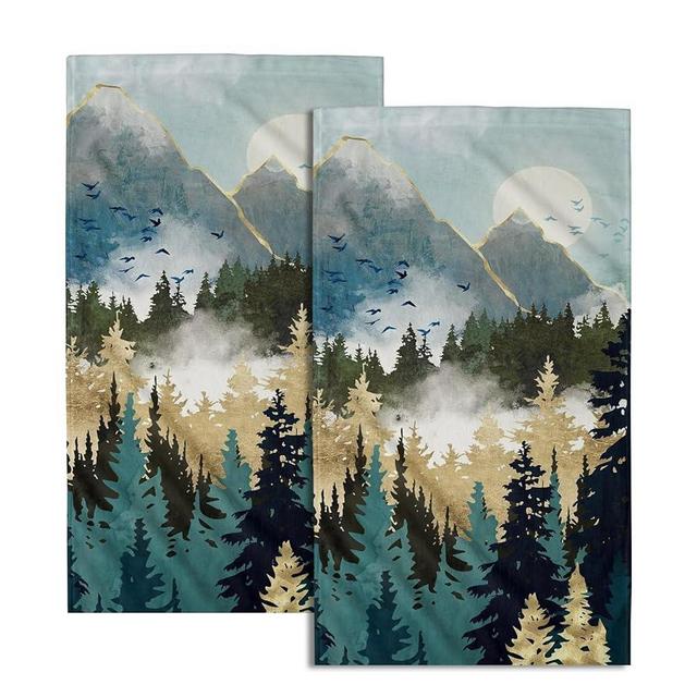 Misty Forest Hand Towels 2 Pack, Green Gold Boho Abstract Mountain Woodland Dish Towels for Kitchen Soft Absorbent Microfiber Towel for Bathroom Kitchen Spa Sports, 14 x 28 in