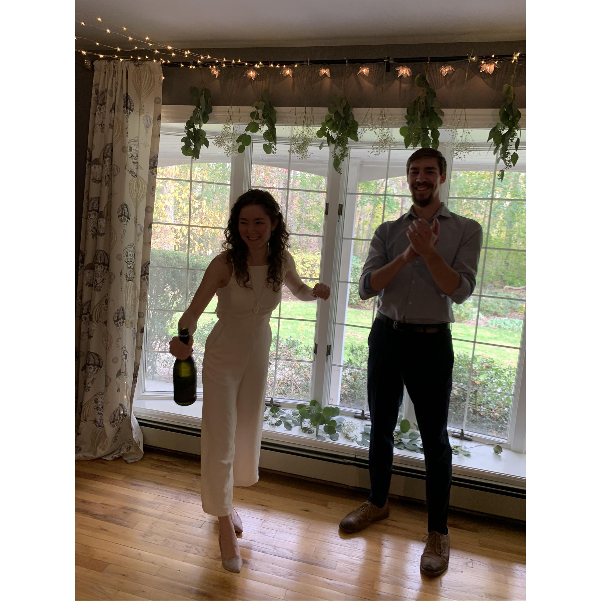 Our November Nuptials. Popping the champagne.
