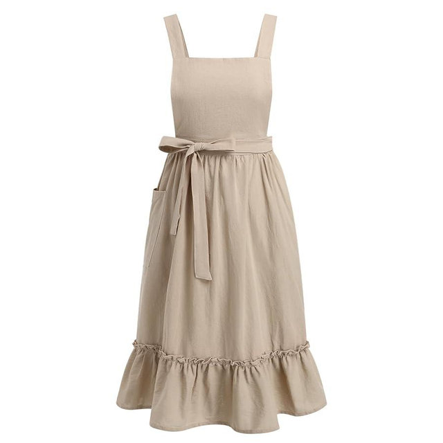 Apron for Women Girls Cute Cotton Linen Kitchen Cooking Apron Dress with Pockets Vintage Ruffle Apron Pinafore Dress Baking Gardening Work Art Painting Florist Shop Overalls Apricot-ruffle One Size