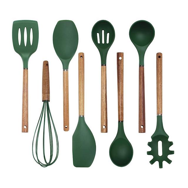Country Kitchen Silicone Cooking Utensils, 8 Pc Kitchen Utensil Set, Easy to Clean Wooden Kitchen Utensils, Cooking Utensils for Nonstick Cookware, Kitchen Gadgets and Spatula Set-Green