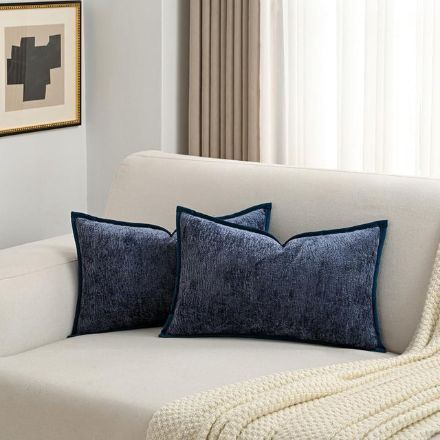 FUTEI Navy Blue Chenille Throw Pillow Covers 12x20 Inch Set of 2,Soft Velvet Lumbar Pillow Cases,Home Decor for Couch Bed Living Room
