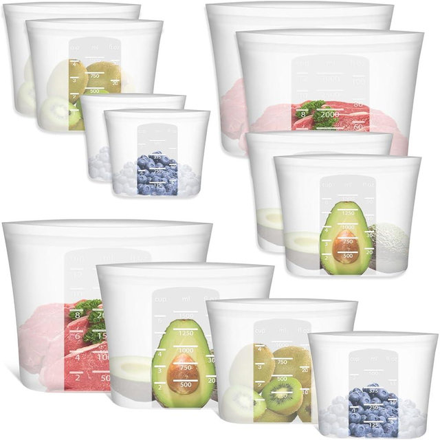 Reusable Storage Bag, 8 Pack 100% Silicone Food Storage Bags Stand Up Zip Lock Bags for Food, Freezer Microwave Oven Dishwasher Safe, 2 Extra Large(0.8 Gallon) 2 Large 2 Medium 2 Small, Translucent