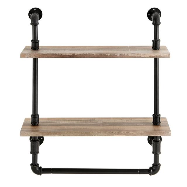 2-Tier Olivia Pipe Wall Shelf Unit with Hanging Rod Black/Rustic - Danya B.