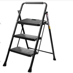 TICONN 3 Step Ladder, Heavy Duty Foldable Step Stool, Portable Steel Folding Stool for Household Garage Storage (Black)