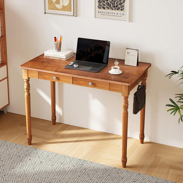 ENPKLUTE 40 Inch Mid Century Modern Desk - Rubber Wood Desk with Drawers, Writing Desks with Drawers, Mid Century Desks for Bedroom, Living Room & Office, Walnut Color