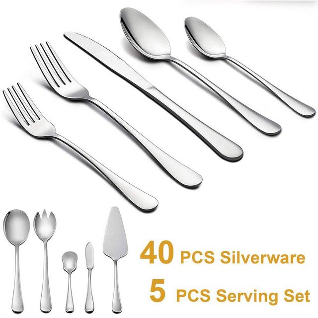 Silverware Set with Serving Pieces, Moxinox 45 Piece Flatware Set Service for 8, Stainless Steel Cutlery Eating Utensils, Mirror Finish, Dishwasher Safe