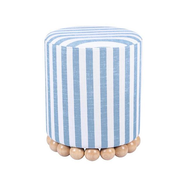 Tov Furniture Dex Pastel Blue Striped Linen Round Ottoman with Wooden Base