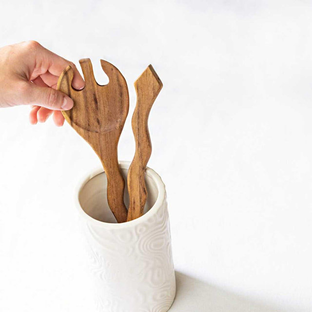 Hand Carved Wood Salad Serving Set | Reclaimed Macawood, Laurelwood