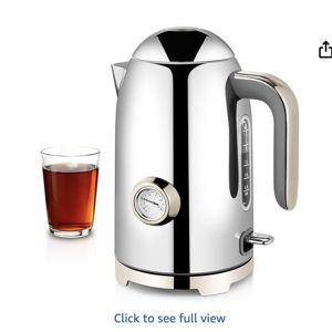 SUSTEAS Electric Kettle - 57oz Hot Tea Water Boiler with Thermometer, 1500W Fast Heating Stainless Steel Pot, Cordless LED Indicator, Auto Shut-Off & Boil Dry Protection, Glossy Silver