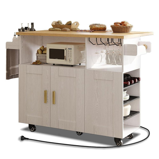 ASTRONAPE Rolling Mobile Kitchen Island with Storage and Drop Leaf, Island Table with Countertop Power Socket and Wheel (White, Model 1.2)