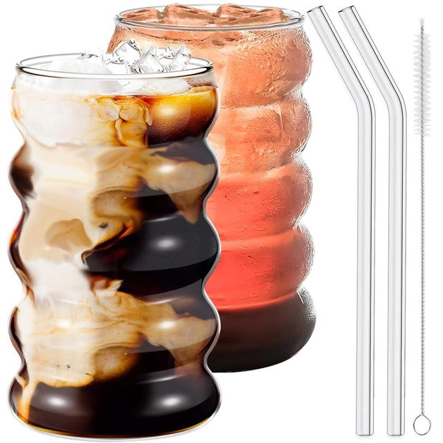 Ework4U 2 Pcs Drinking Glasses with Glass Straws, 19.5oz Iced Coffee, Milk Tea, Fruit Smoothie Glasses - Ideal for Water, Soda, Tea - Gift Set with Cleaning Brush