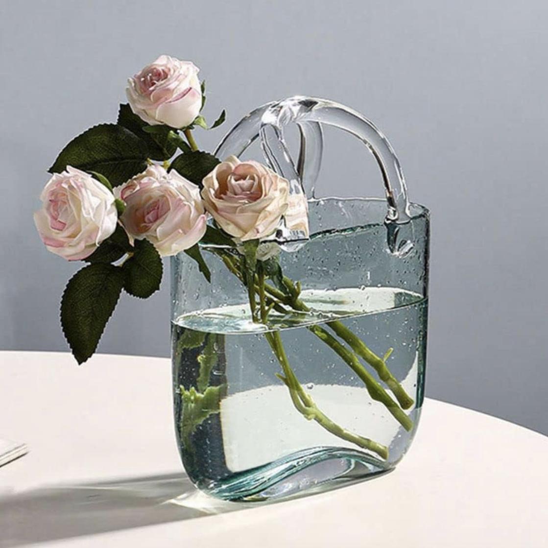 ANNISOKA Purse Glass Vase for Flowers,Aesthetic Clear Flower Vases for Wedding Living Room, Modern Funky Trendy Decorative Vases for Centerpieces,Unique Large Bag Vase Home Decor