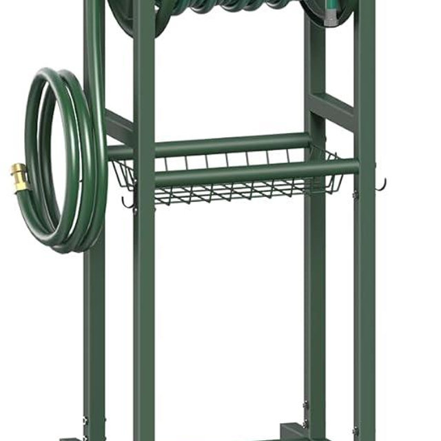 Mokeyder Freestanding Garden Hose Reel holds 125ft Hose of 5/8" with 4 Hooks, 4-Spike Outdoor Hose Holder with 3.9ft Leader Hose & Brass Fitting, Detachable Metal Hose Stand with Storage Rack, Green