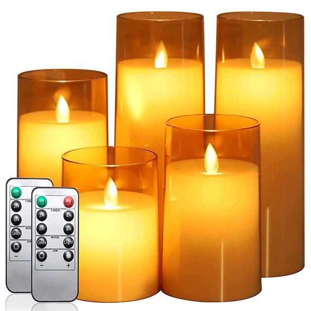 Fo32won Amber LED Flameless Pillar Candles Battery Operated with Remote and Timer, Pack of 5 (D 3"×H 4"5"6"8"8") Plexiglass LED Flickering Candles with Moving Flame