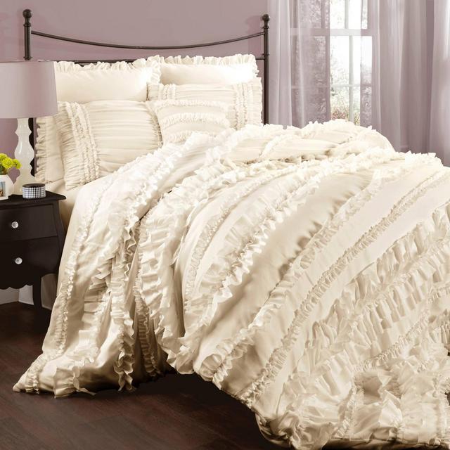 Belle Ruffle Comforter Set (Queen)Ivory 4pc - Lush Décor