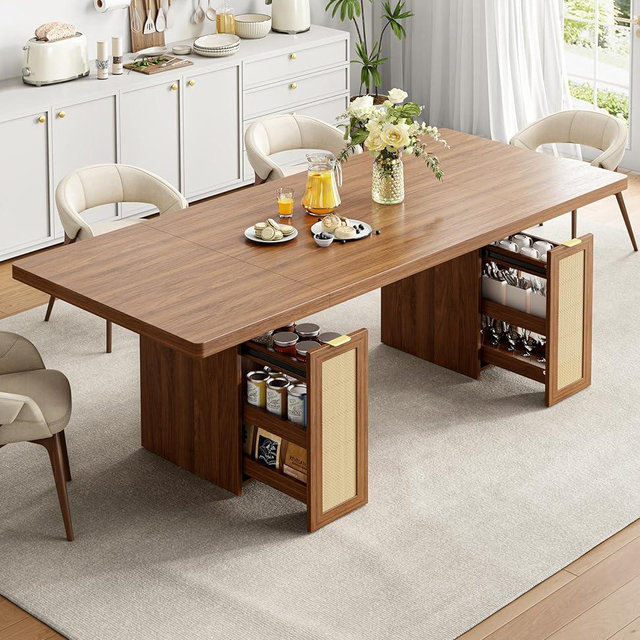 LIKIMIO 78.7" Farmhouse Dining Table for 6-8 People, Extra Thick Wood Top with 2 Hidden Adjustable Storage Drawers, Modern Woven Rattan Table for Dining Room, Kitchen, Living Room, Vintage Brown