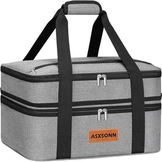 ASXSONN Double Decker Insulated Casserole Carrier for Hot or Cold Food, Expandable Insulated Food Carrier for Parties, Picnic, Beach, Fits 9"x13" Baking Dish (Grey)