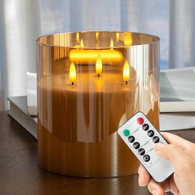 AFINETH Extra Large Flameless Candles with 3 Wicks, 6"x6" Glass Battery Operated Candles with Remote, Real Wax Flickering LED Candles Fake Candle for Home, Wedding, Party, Glod