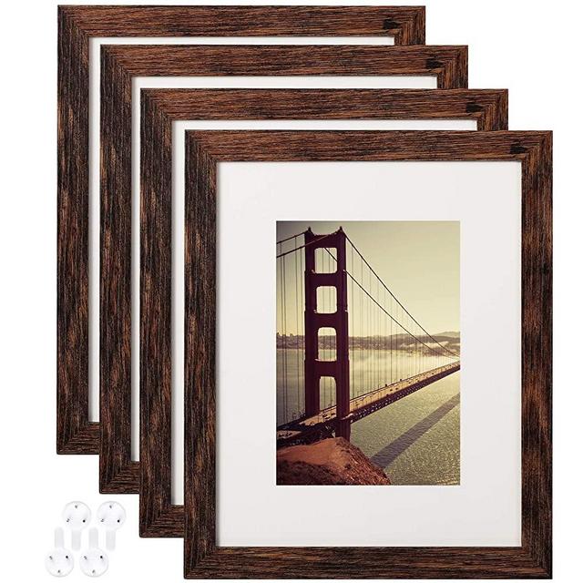 BAIJIALI 8x10 Picture Frame Rustic Brown Wood Pattern Set of 4 with Tempered Glass,Display Pictures 5x7 with Mat or 8x10 Without Mat, Horizontal and Vertical Formats for Wall and Table Mounting