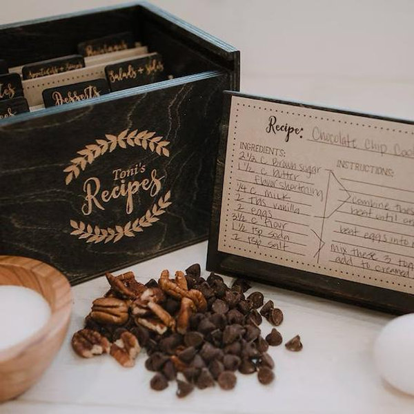 4x6 Laser Engraved Wood Recipe Box with recipe stand also includes engraved wood recipe card dividers