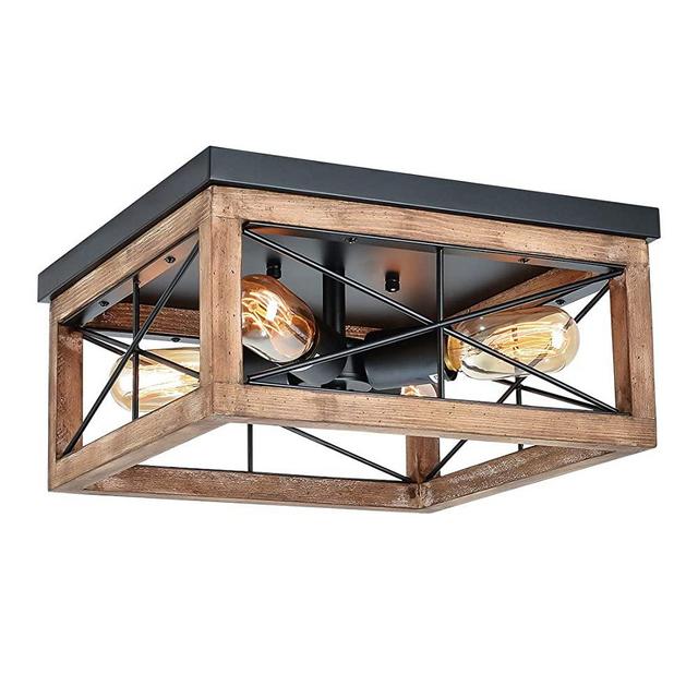 Eyassi Wooden Flush Mount Ceiling Lights, 4-Light Farmhouse Close to Ceiling Lighting Fixtures Black Ceiling Lamp for Kitchen Island Living Room Bedroom Hallway Laundry Entryway