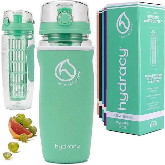 Hydracy Fruit Infuser Water Bottle - 32oz / 25oz Sports Bottle - Insulating Sleeve, Time Marker & Full Length Infusion Rod + 27 Fruit Infused Water Recipes eBook Gift -Your Healthy Hydration Made Easy
