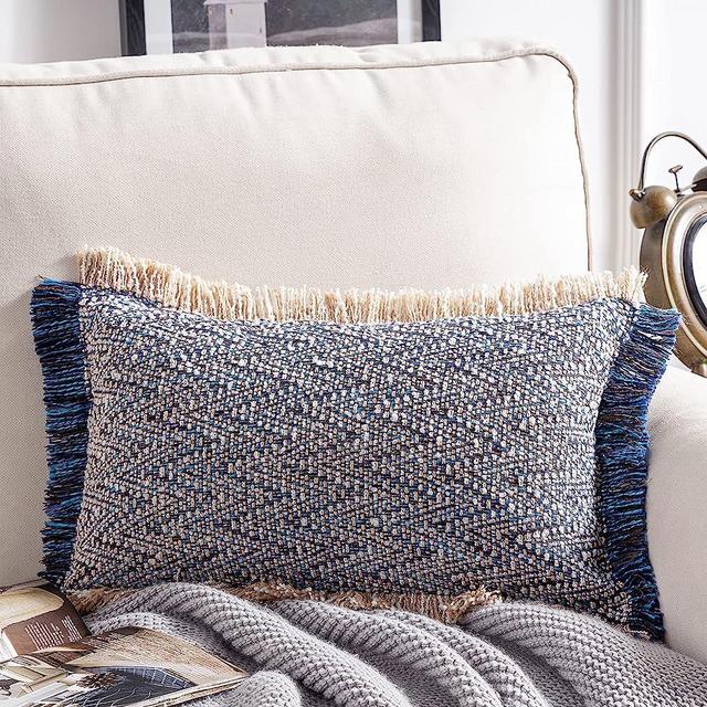 Phantoscope Decorative Boho Throw Pillow with Pillow Insert Included, Hand Woven Textured Pillow Cover with Fringe Trim, Modern Farmhouse Square Cushion Pillow, Dark Blue 12 x 20 Inches