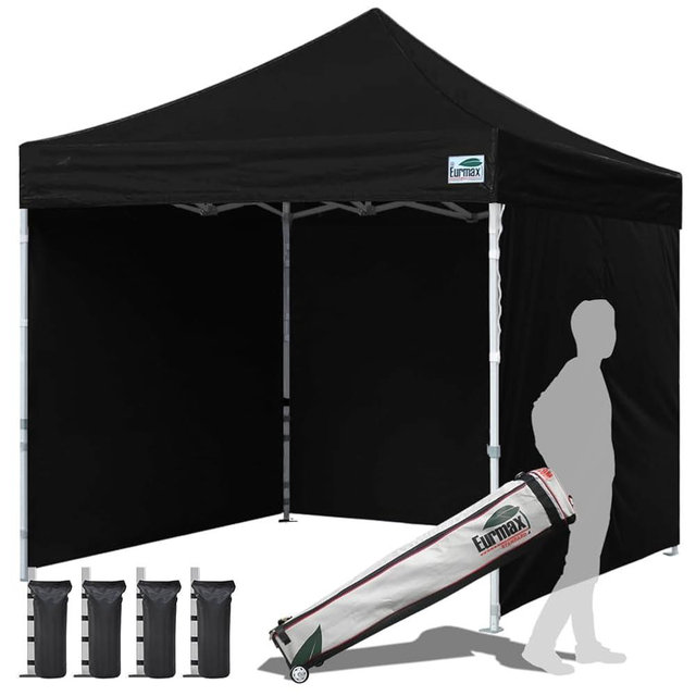 Eurmax USA 10'x10' Pop-up Canopy Tent Commercial Instant Canopies with 4 Removable Zipper End Side Walls and Roller Bag, Bonus 4 SandBags(Black)