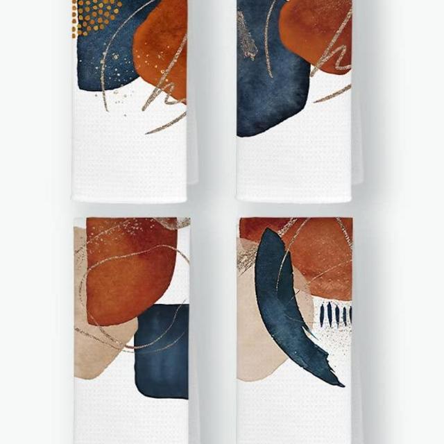 QODUNG Boho Abstract Geometric Terracotta Navy Blue Watercolor Soft Kitchen Towels Dishcloth 16x24 Inch Set of 4,Bohemian Modern Tea Towels Hand Towels for Kitchen