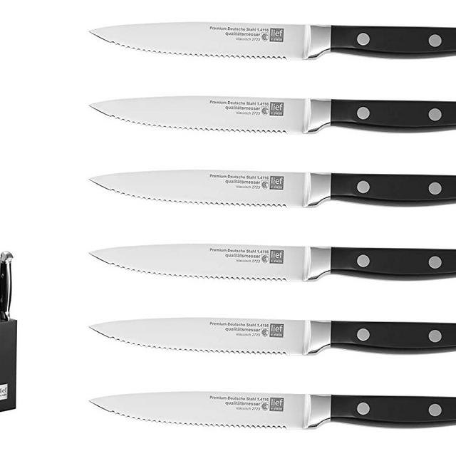 Lief + Svein German Steel Steak Knife Set. 6 Pc Steak knives with block. Premium 1.4116 Stainless Steel Knives with highly polished handles. Sharp serrated steak knives set of 6. Best Steak Knifes.