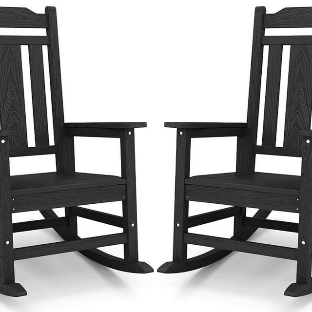 SERWALL Black Outdoor Rocking Chair Set of 2, All Weather Patio Rocking Chair, HDPE Poly Rocking Chair for Adults, Heavy Duty Front Porch Rocker