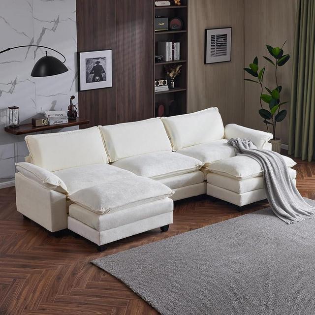 Karl home Sectional Sofa Modular Deep Seat Sofa Couch with Ottoman, Chenille Sofa Sleeper Comfy Upholstered Furniture for Living Room, Apartment, Studio, Office, (3-Seat & 2-Ottoman, Beige)