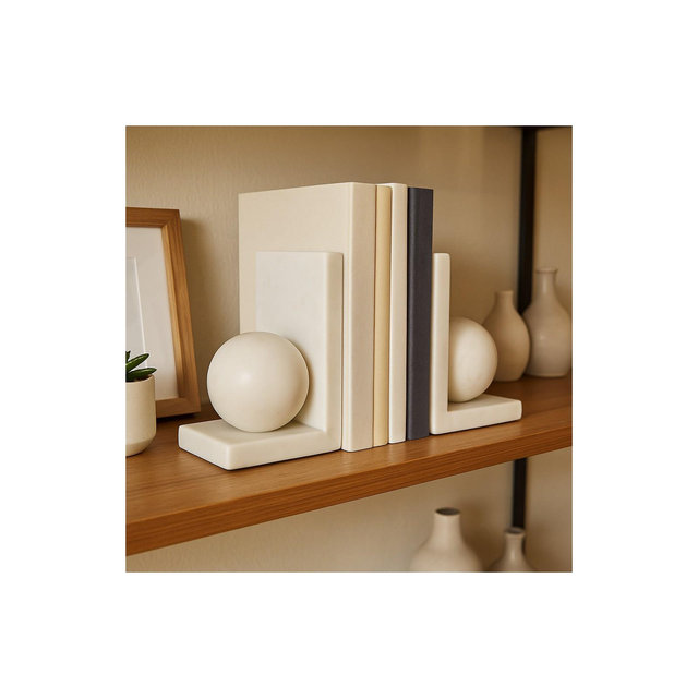 Stylish Orb Marble Book Ends for Home Decor Accent - Book Accessories for Bookshelf, Office Space, Home Library, or Desk - Set of 2, 6", White