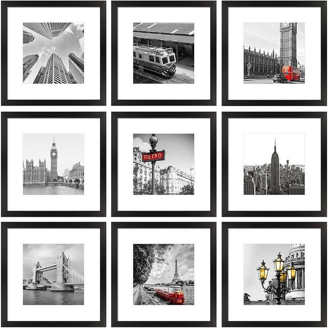 YESKAY 12x12 Picture Frame Set of 9, Photo Gallery Wall Frame Set, Display Pictures 8x8 with Mat or 12 x 12 Without Mat, Square Frame Picture Frames Collage Wall Decor, Black