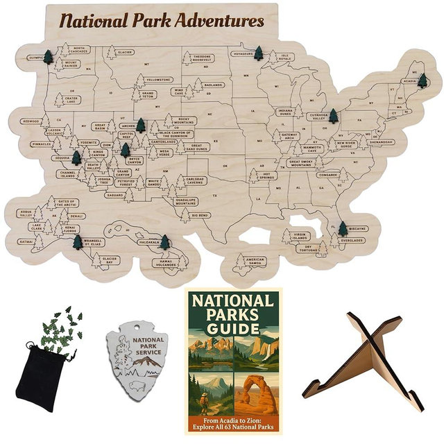 Wooden National Park Map with Push Pin Travel Tracker - All 63 Parks Checklist – Handcrafted in USA - For Hikers, Couples & Families – Bucket List Wall Art Decor (Pin Your Journey)