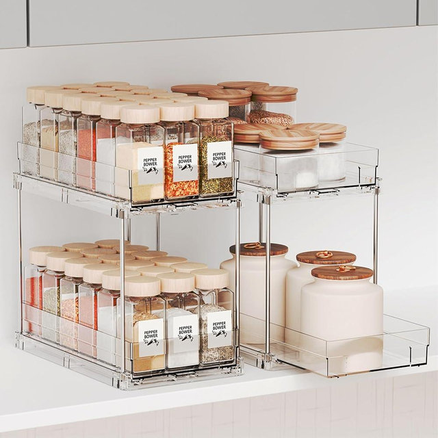 Yieach 2 Pack 2 Tier Vertical Spice Rack Pull Out,10.4'' Deep Narrow Slide Out Spice Rack Organizer for Inside Cabinets,Kitchen,Pantry,Cupboard Seasoning,Can,Jar Organizer and Medicine Cabinet Storage