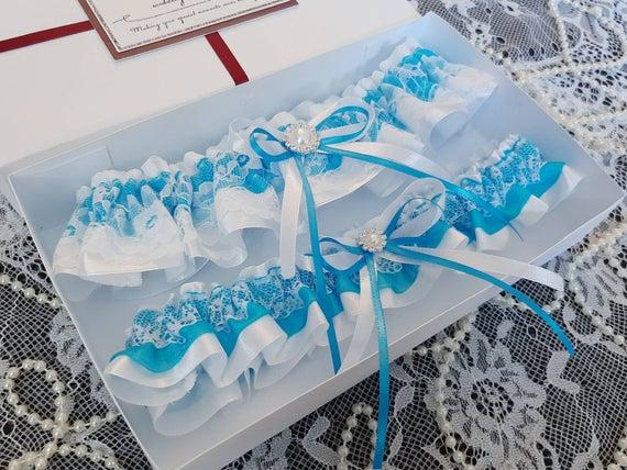 Turquoise Wedding Garter Set, Turquoise Bridal Garter Set, Handmade, Personalized Garter Set, Custom Garter Set with Toss