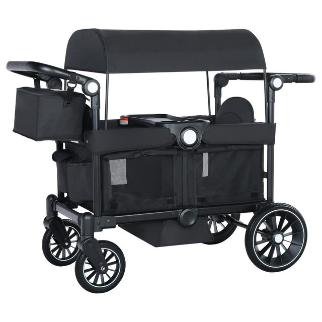 Kinder King Folding Wagon Stroller for 2 Kids, Adjustable Handle, All-Terrain Shock-Absorbing Wheel, Detachable Tray, Diaper Bag, Black