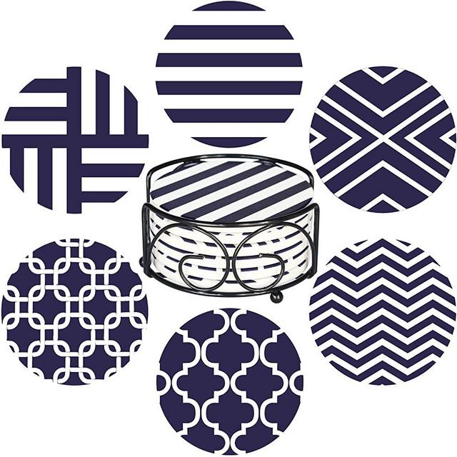 Unique Gift Ideas Coasters for Drinks Absorbent with Holder | Coaster Set of 6 Dark Blue Mix Pattern | House Decor for Man Cave, Housewarming Hostess Novelty Gifts Idea, Birthday Holiday Party Present