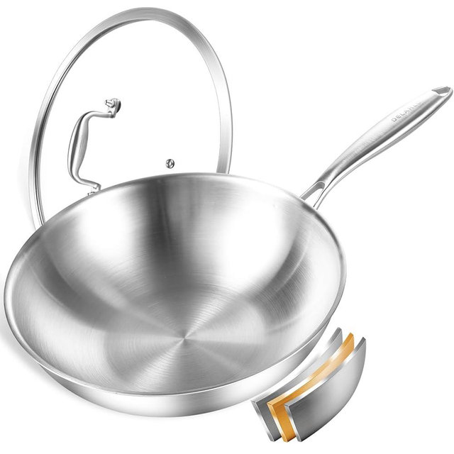 DELARLO Tri-Ply Stainless Steel Wok, 12.5 inch Induction Wok, Flat Bottom Wok with Lid, Wok for Induction Cooktop, Wide and Deep Stainless Wok, 12" Stir Fry Pan for Glass Top Stove Up to 600℉