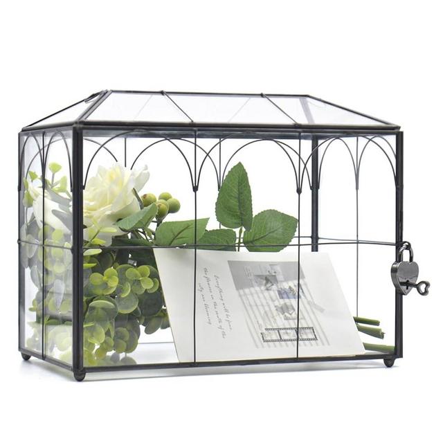 Large Black and Glass Card Box for wedding with Lock and Slot - Wedding Envelope Card Holder for Reception Clear Lock Box with Key Geometric Handmade Vintage Card Box for Wedding Party (middle-Black)