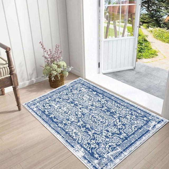 Vaukki Hallway Runner Rug, Vintage Shaggy Soft Laundry Rug Runner, Non Slip Entryway Runner Mat, Washable Farmhouse Kitchen Area Carpet for Bathroom, Entryway and Bedroom (2' X 3', Blue)