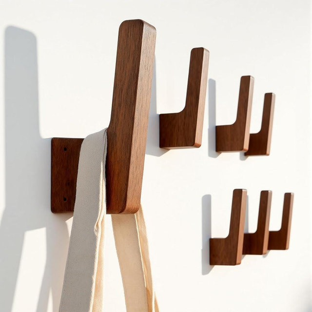 PinEther 6 Pack Walnut Wood Wall Hooks – Handcrafted Solid Wood Hooks for Coats, Hats, Bags, Towels – Minimalist Design, Hidden Mount, Eco Wax Finish, Moisture-Resistant,Bathroom, Bedroom, Kitchen